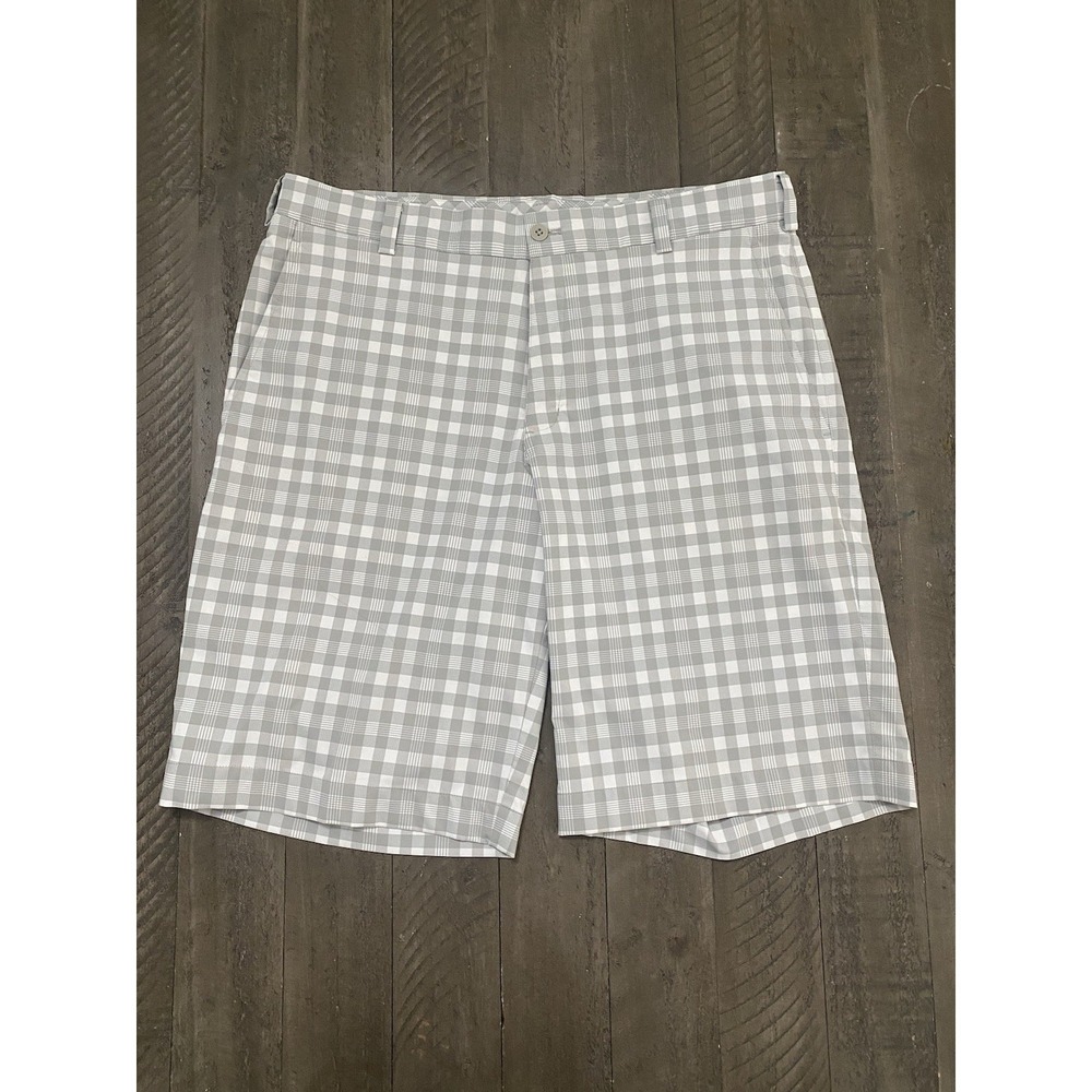 Nike Golf Sz 34 Mens Flat Front Chino Shorts White/Gray Plaid Athletic Casual